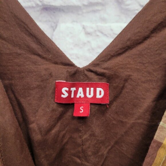 Staud Plaid Jumpsuit Extra Wide Leg Sleeveless Brown Blue Casual Size S - Picture 5 of 9